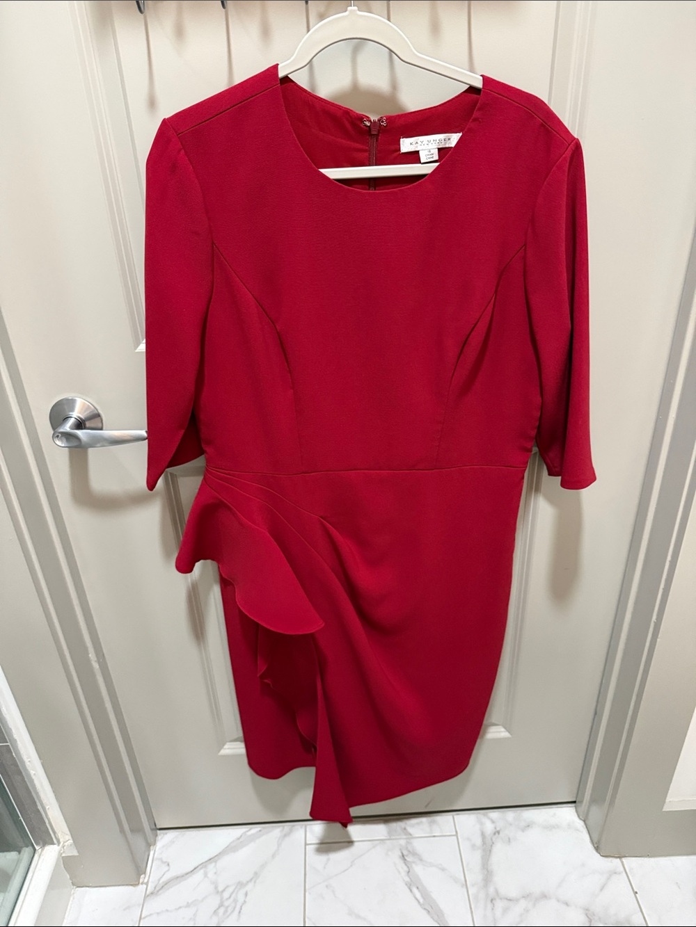 Kay Unger Red Ruffle-Peplum Long Sleeve Dress